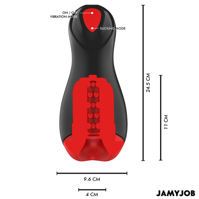 Aparelho masculino preto e vermelho com interior texturizado e funções ON/OFF VIBRATION MODE e SUCKING MODE