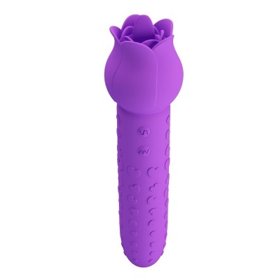 Vibrador roxo em forma de flor com textura de corações e botões em relevo