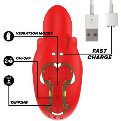 Vibrador vermelho com botões e cabo USB para carregamento rápido