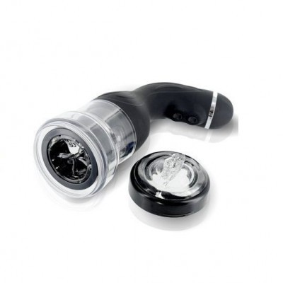 Masturbador masculino preto com tampa transparente e textura interna visível