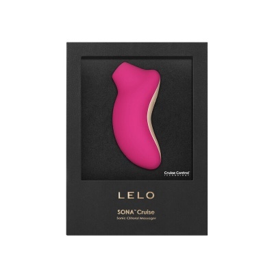 Massajador compacto LELO SONA Cruise Sonic Clitoral rosa em caixa preta elegante.