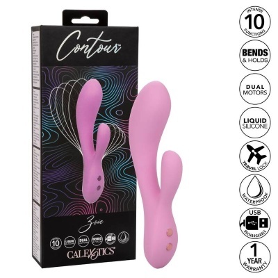 Vibrador rosa de silicone com embalagem preta e ícones das funções