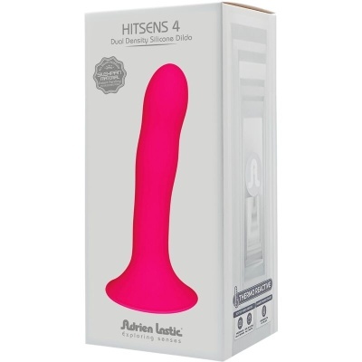 Embalagem de dildo de silicone cor-de-rosa com texto HITSENS 4