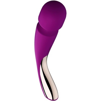 Massageador vibratório roxo com base prateada espelhada