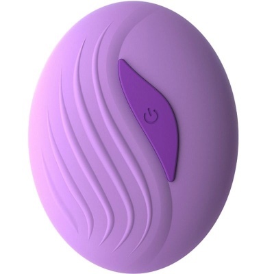 Dispositivo oval em silicone roxo com botão roxo escuro e textura ondulada