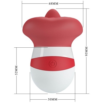 Dispositivo em forma de cogumelo vermelho e branco com medidas indicadas