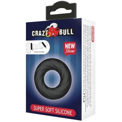Embalagem azul do produto Crazy Bull com anel preto de silicone e texto promocional.