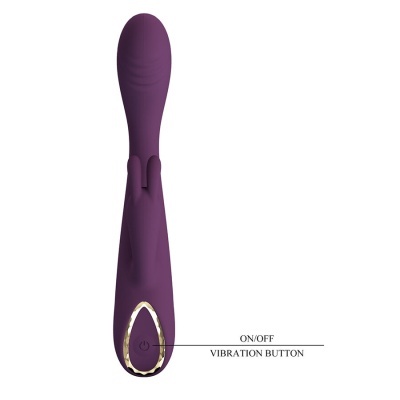 Vibrador roxo com botão de vibração e texto explicativo