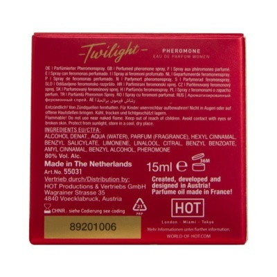 Caixa vermelha de perfume feminino Twilight com texto informativo e instruções