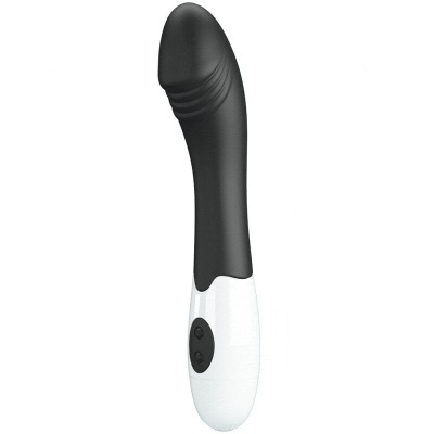 Vibrador preto e branco com dois botões pretos.