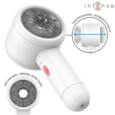 Dispositivo branco com botão rosa e material transparente com movimento de empuxe