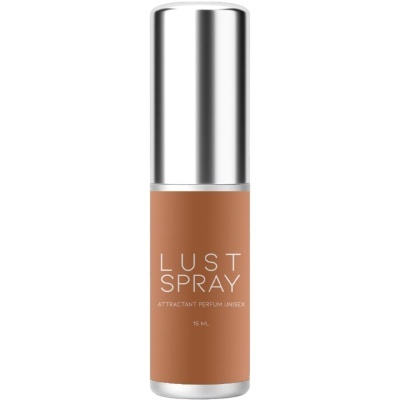 Frasco de spray castanho com tampa prata e texto branco