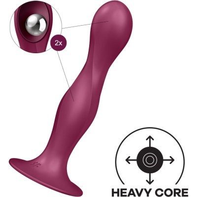 Produto sexual vinho com base larga e bolas metálicas, símbolo HEAVY CORE