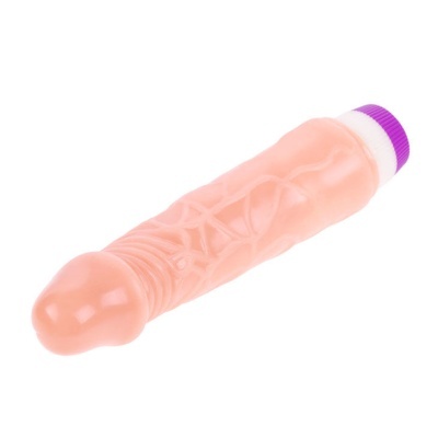 Produto em forma de pênis cor pele com textura e base branca com tampa roxa