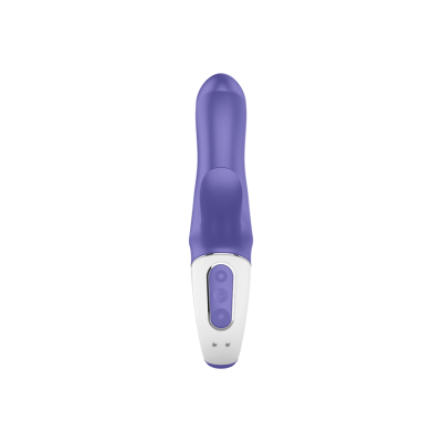 Vibrador roxo com base branca e botões roxos