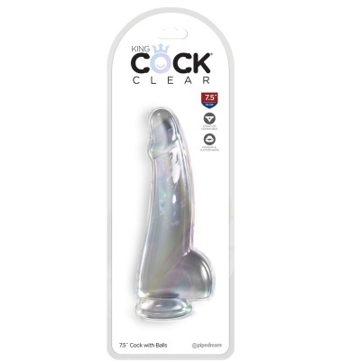 Dildo transparente embalado com texto KING COCK CLEAR e 7.5