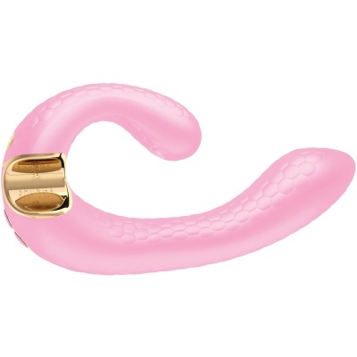 Vibrador rosa curvado com textura e detalhe dourado