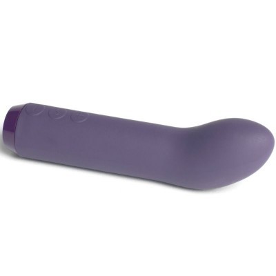 Vibrador roxo curvado com botões em fundo branco