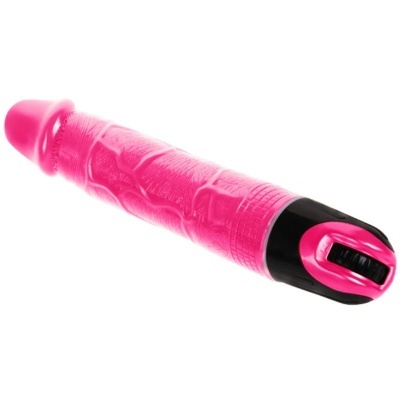 Vibrador rosa com detalhes em preto e textura realista