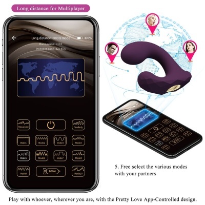 Brinquedo sexual roxo e smartphone com app de controlo remoto