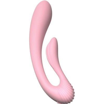 Vibrador cor-de-rosa com design curvo e textura nervurada na base