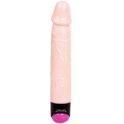 Vibrador em forma de pénis cor de pele com base preta e botão rosa