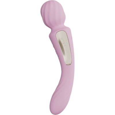 Vibrador rosado curvo com cabeça texturizada e botão dourado