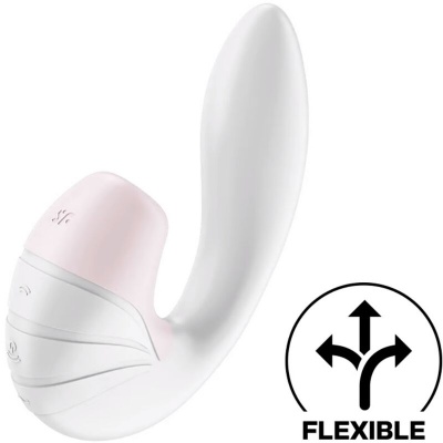 Dispositivo curvo branco e rosa em silicone com símbolo FLEXIBLE e setas pretas.