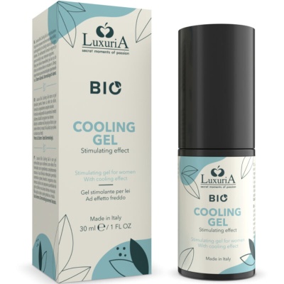 Frasco e embalagem do gel refrescante LuxuriA BIO Cooling Gel para mulheres com efeito estimulante.