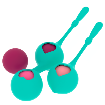Bolas de exercício Kegel azul turquesa com corações rosa e roxo e alças