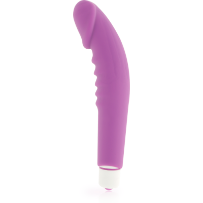 Vibrador roxo curvado com textura em relevo e base branca com botão.