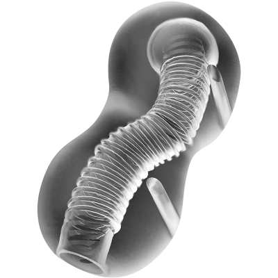 Mangueira flexível transparente com espiral interna branca sobre fundo cinzento