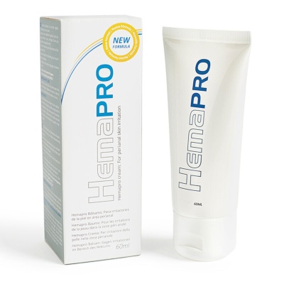 Creme Hemapro para irritações na pele perianal, embalagem branca, texto azul e cinza