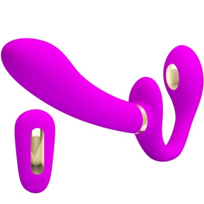 Vibrador roxo com telecomando dourado em fundo branco