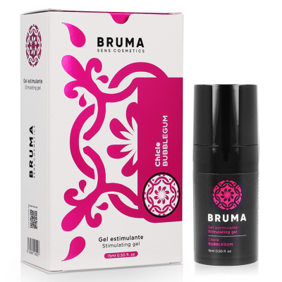 Gel estimulante Bruma Chiclé Bubblegum frasco preto com embalagem branca e detalhes rosa