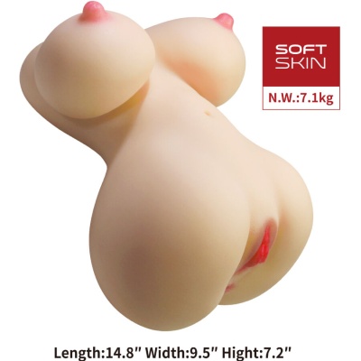 Forma de busto feminino em silicone com seios e genitais, cor pele clara, texto SOFT SKIN e medidas exibidas