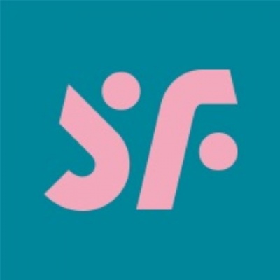 Logótipo com letras rosas SR em fundo azul