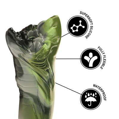 Produto verde translúcido em silicone com texto e ícones