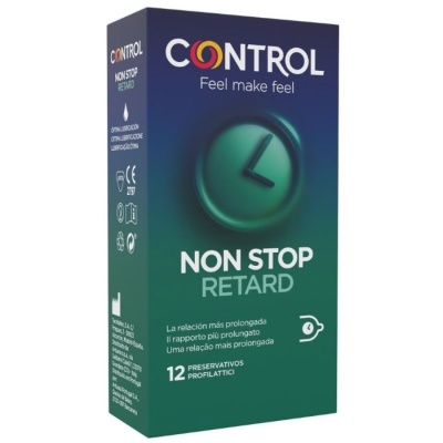 Embalagem de preservativos CONTROL NON STOP RETARD azul e verde com relógio e texto em várias línguas