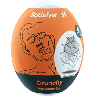 Ovo masturbador Satisfyer Crunchy Masturbator Egg laranja e preto com desenho de rosto e textura branca