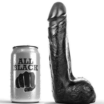 Dildo realista preto ao lado de uma lata com texto ALL BLACK