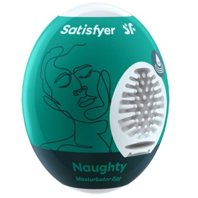 Embalagem verde e preta de masturbador em forma de ovo com desenho minimalista e texto Satisfyer