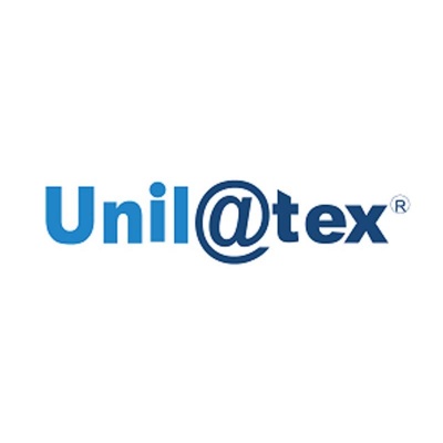 Logótipo da marca Unilatex em azul com símbolo @