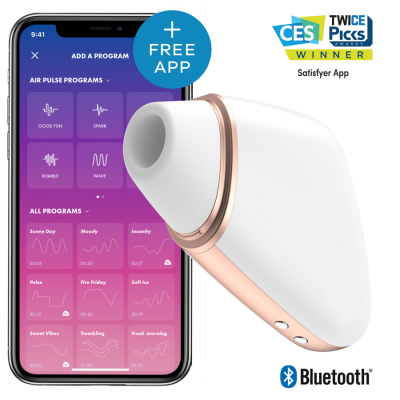 Dispositivo branco com aplicação Satisfyer App no smartphone ao lado