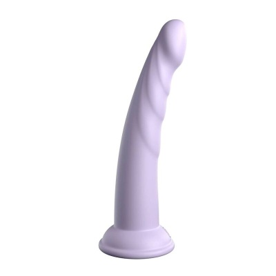 Vibrador ou dildo lilás com base de ventosa e textura em espiral