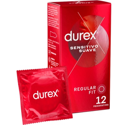 Caixa vermelha de preservativos Durex Sensitivo Suave e embalagem individual