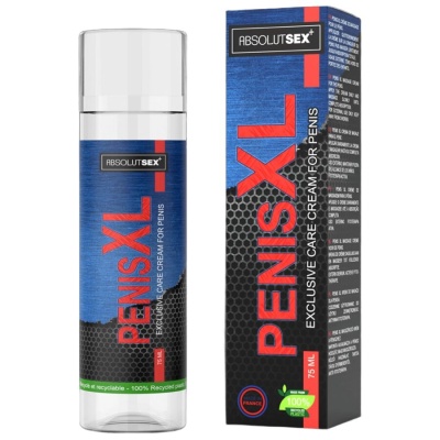 Frasco e caixa do creme PENIS XL ABSOLUTSEX+, 75 ml, cor azul e preto com texto vermelho e branco.