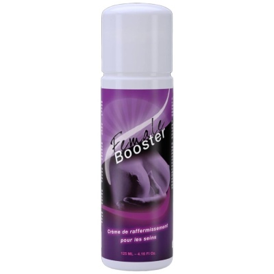 Frasco branco com rótulo roxo e texto Female Booster