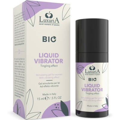 Gel estimulante para mulheres LuxuriA BIO Liquid Vibrator em embalagem branca com detalhes roxos