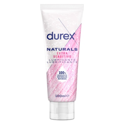 Frasco de lubrificante Durex Naturals Extra Sensitivo 100 ml branco com texto azul e rosa.